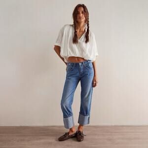 Free People Slim Shade Selvedge Jeans Cuffed Logo We The Free True Blue 25 NWT